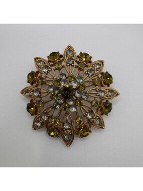 Liz Claiborne LC Green Blue Rhinestone Filigree Dome Brooch Vintage Pin